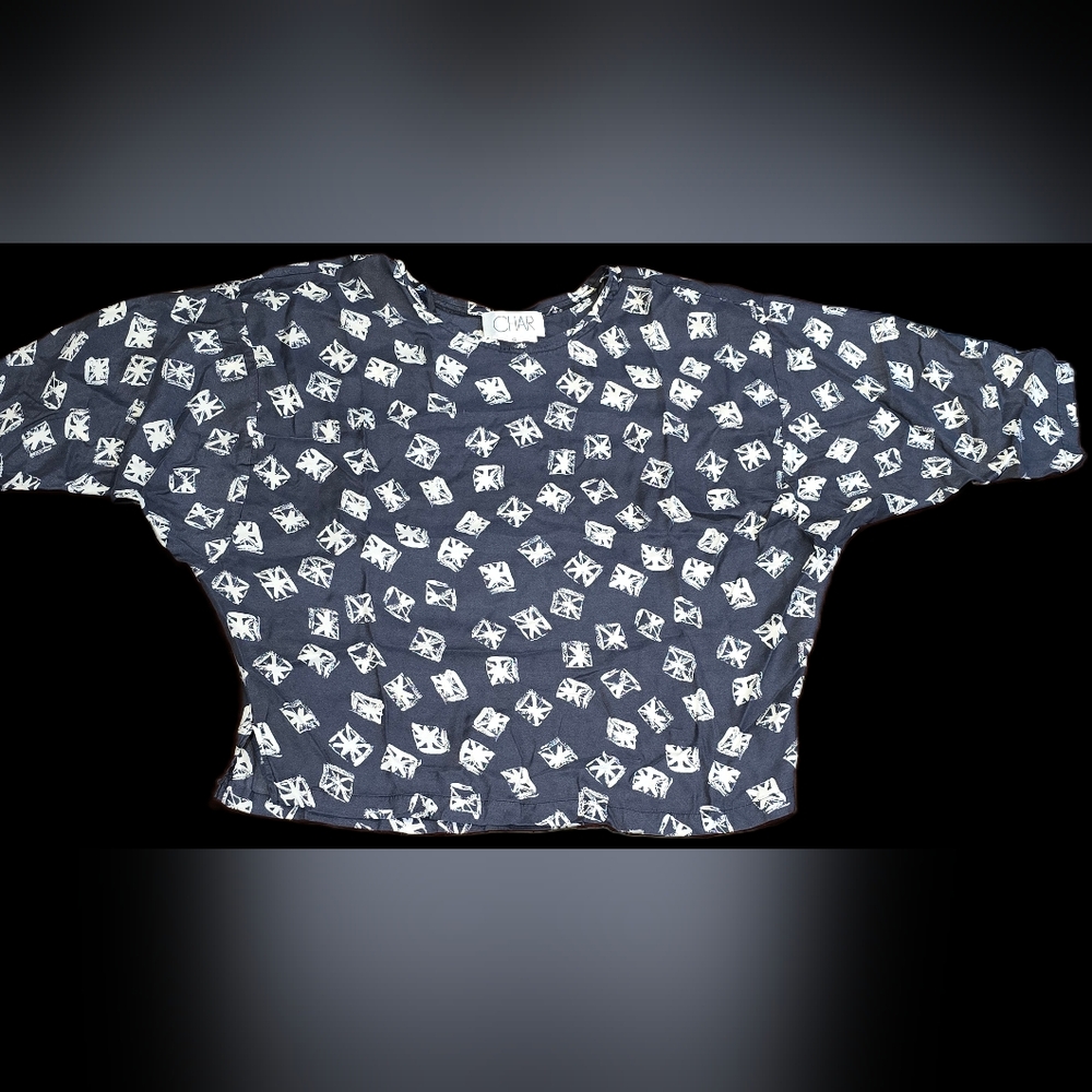 Vintage Char Women's S 100% Silk Monochrome Whimsygoth Patterned Y2K Top